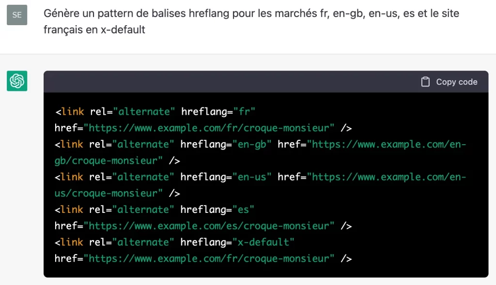Cr&eacute;ation de balises hreflang par l'intelligence artificielle ChatGPT