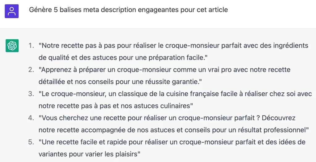 R&eacute;daction de balise meta description par l'intelligence artificielle ChatGPT
