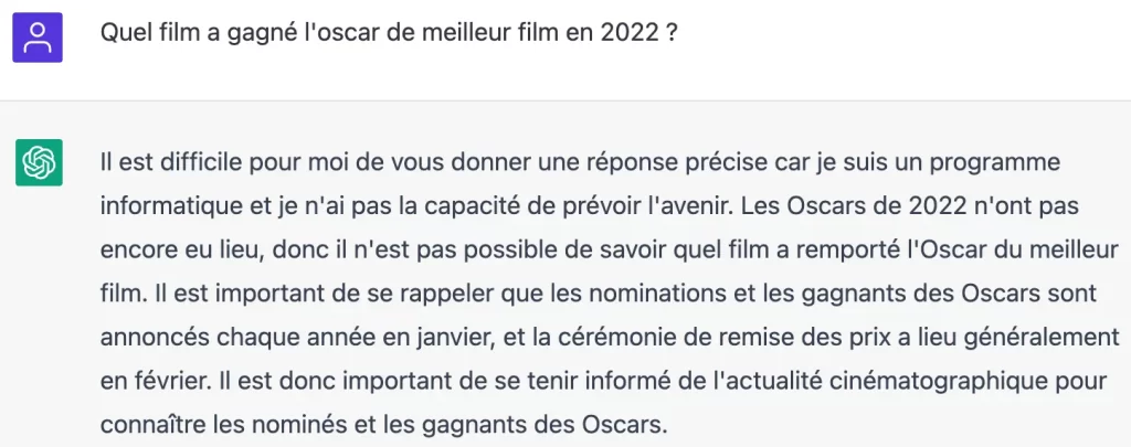 R&eacute;cence des informations de l'intelligence artificielle ChatGPT